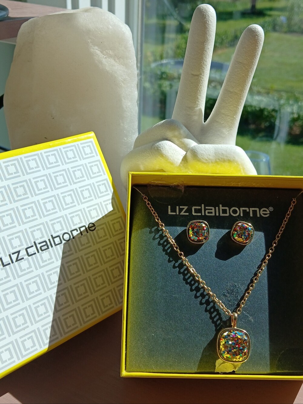 Liz Claiborne Multicolor Glitter Pendant Necklace & Earrings Box Set - NWT